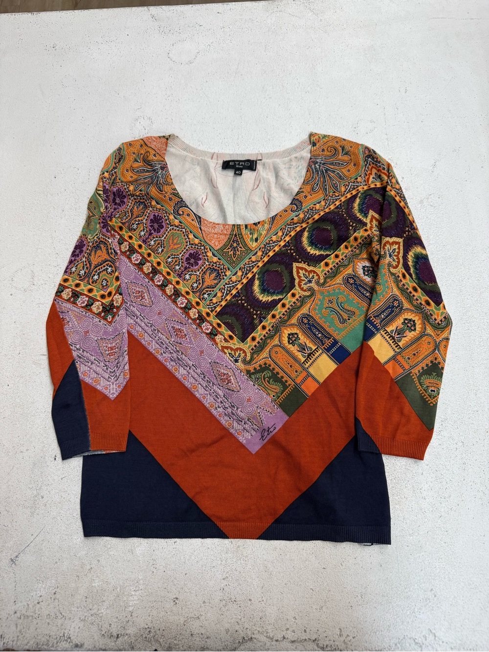 ETRO Milano Sz 40 Silk Multicolor Pattern Long Sleeve Top